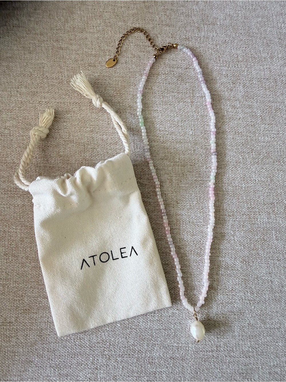 Waterproof Pastel Bead Necklace with Pearl Pendant - Pink/White